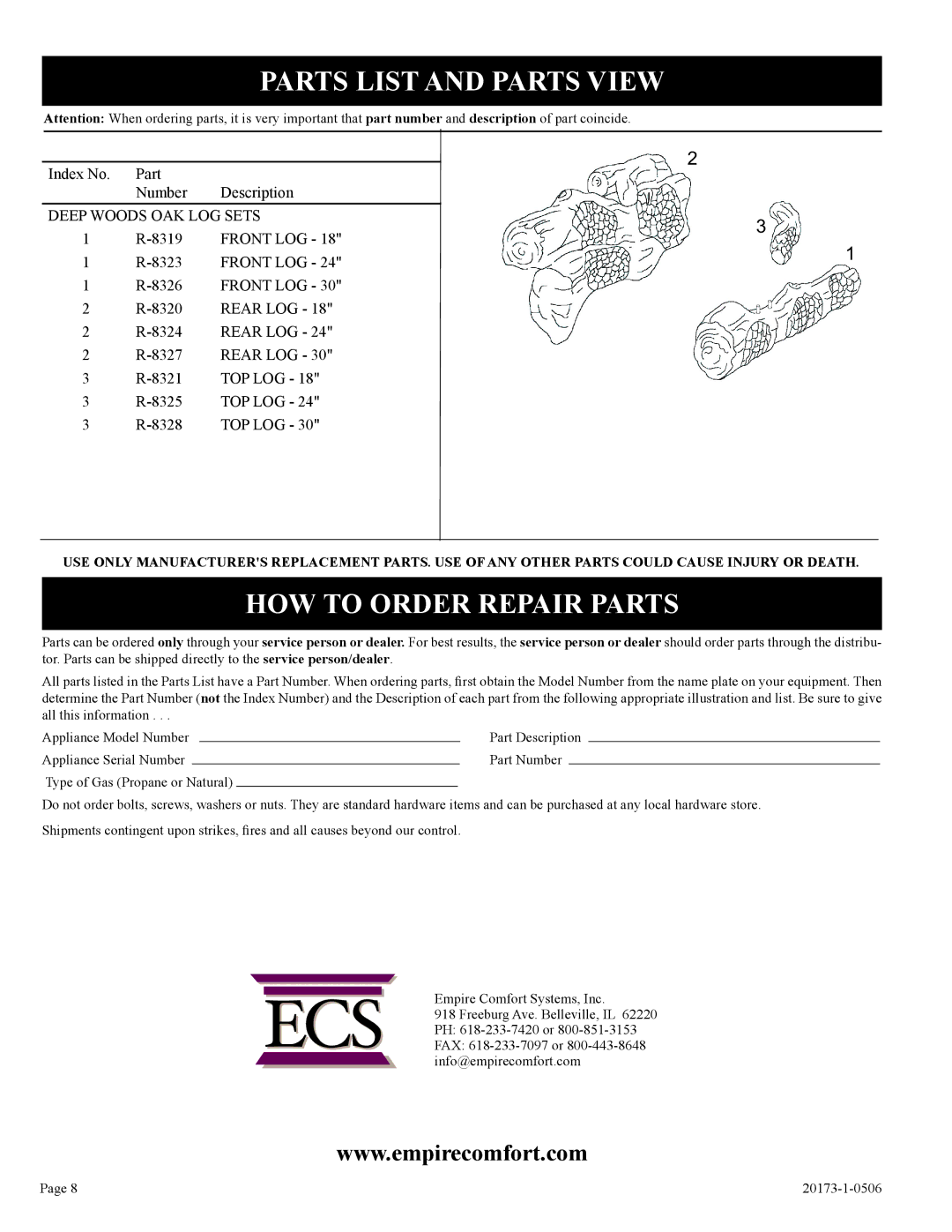 Empire Comfort Systems LS-18H-1, LS-24H-1, LS-30H-1 Parts List and Parts View, HOW to Order Repair Parts 