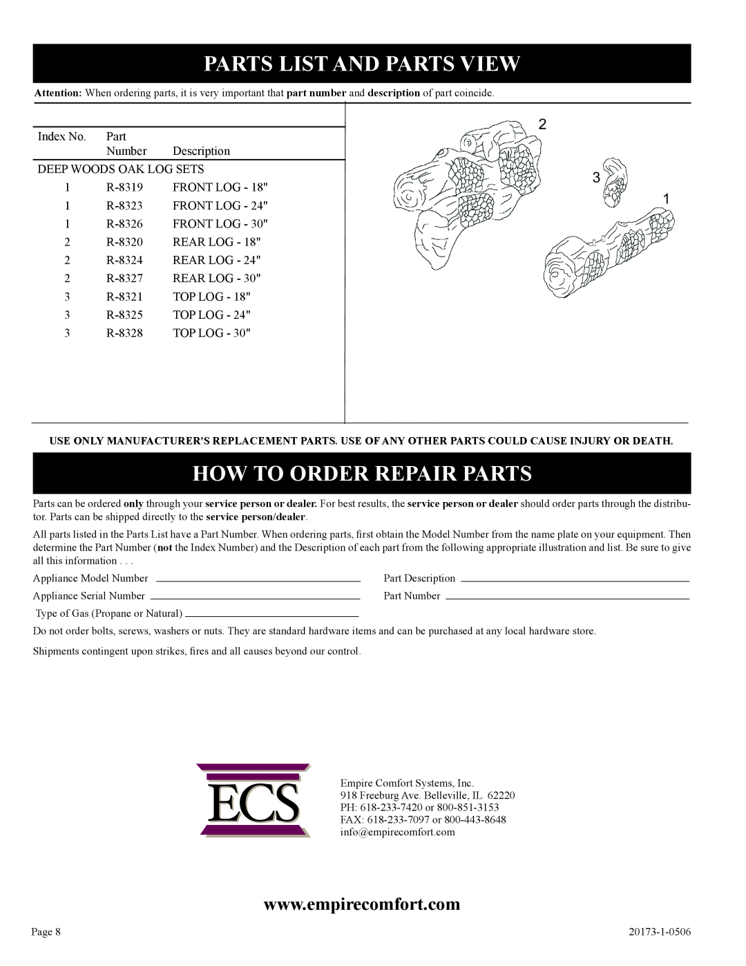 Empire Comfort Systems LS-18H-1, LS-24H-1, LS-30H-1 Parts List And Parts View, How To Order Repair Parts 