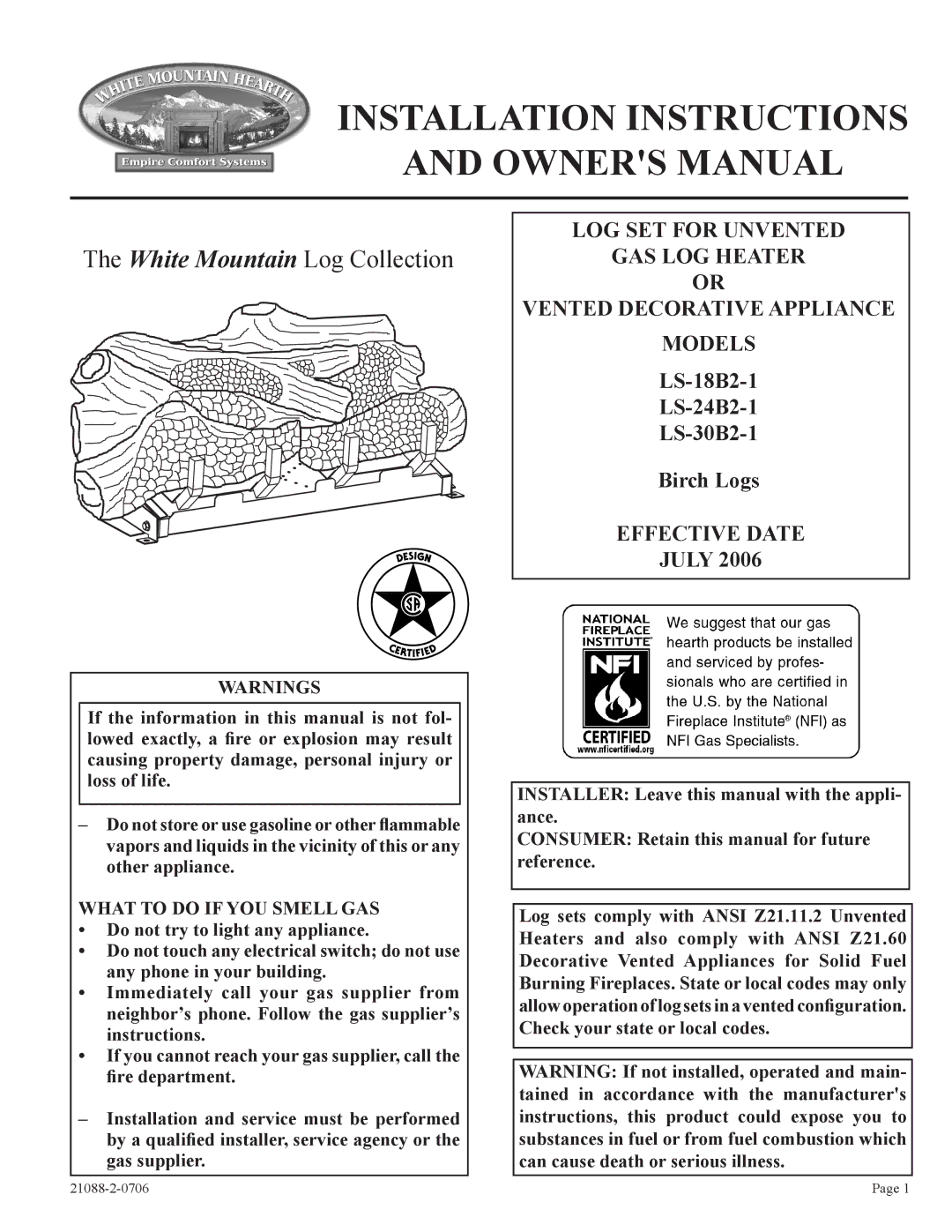 Empire Comfort Systems LS-24B2-1, LS-30B2-1, LS-18B2-1 installation instructions Installation Instructions 