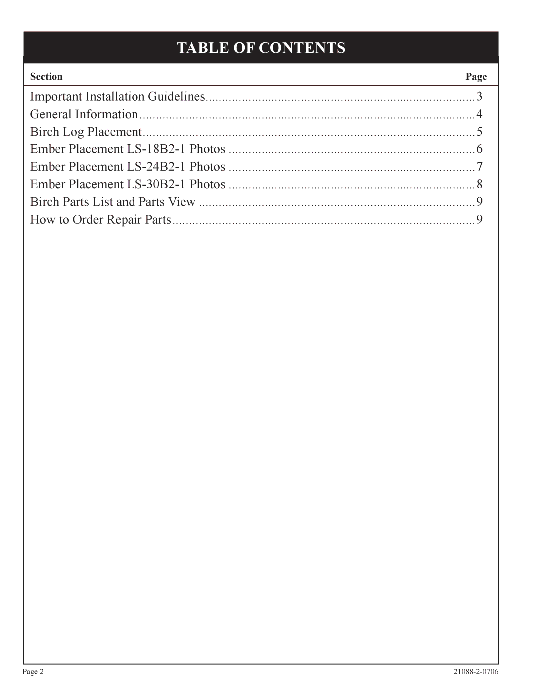 Empire Comfort Systems LS-18B2-1, LS-30B2-1, LS-24B2-1 installation instructions Table of Contents 