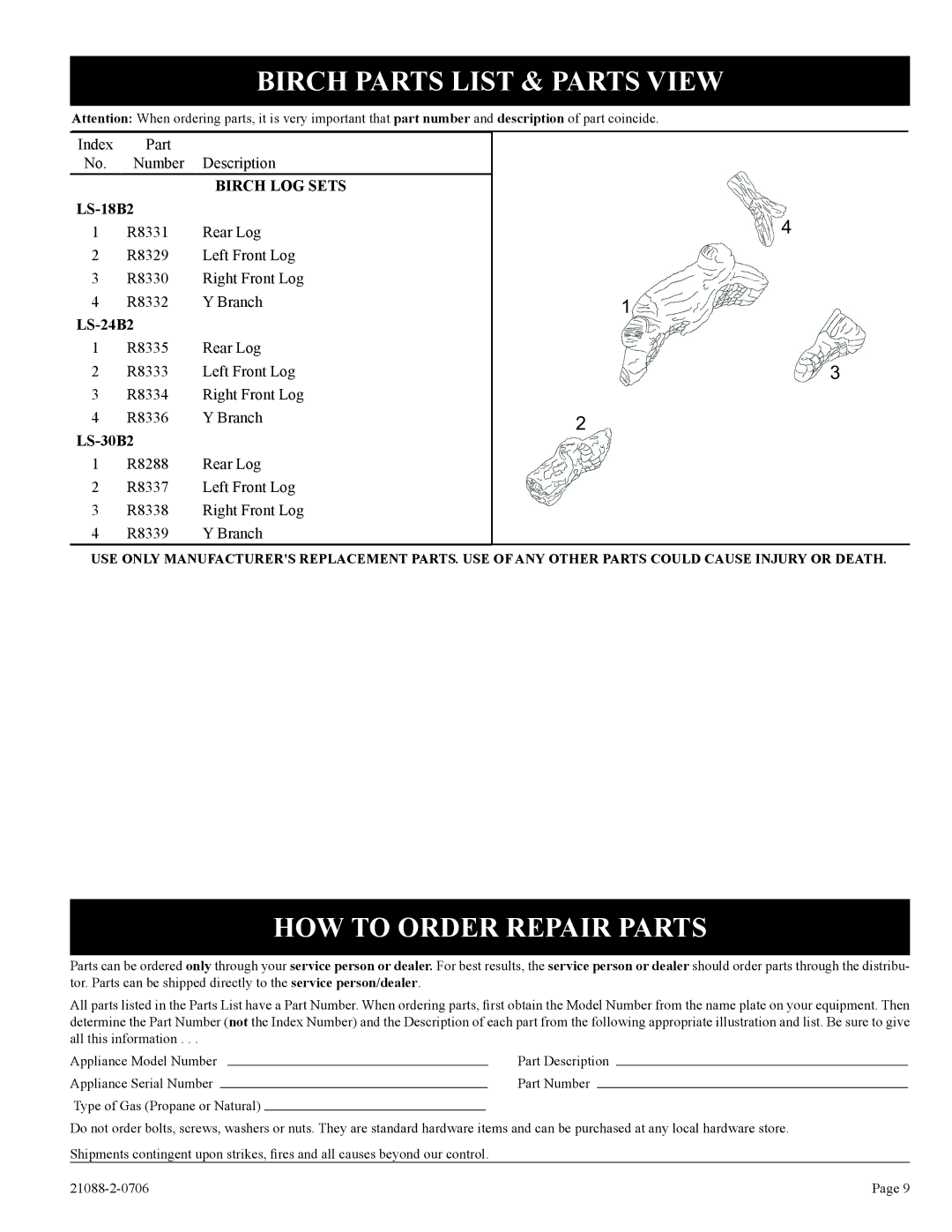 Empire Comfort Systems LS-30B2-1, LS-24B2-1 Birch Parts List & Parts View, HOW to Order Repair Parts, LS-18B2 