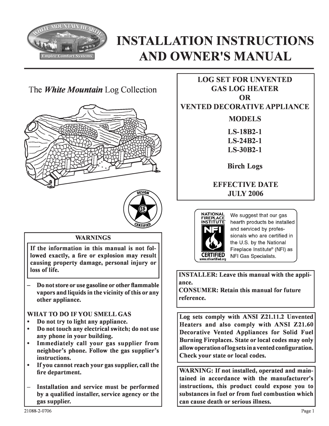 Empire Comfort Systems LS-24B2-1, LS-30B2-1, LS-18B2-1 installation instructions The White Mountain Log Collection, July 