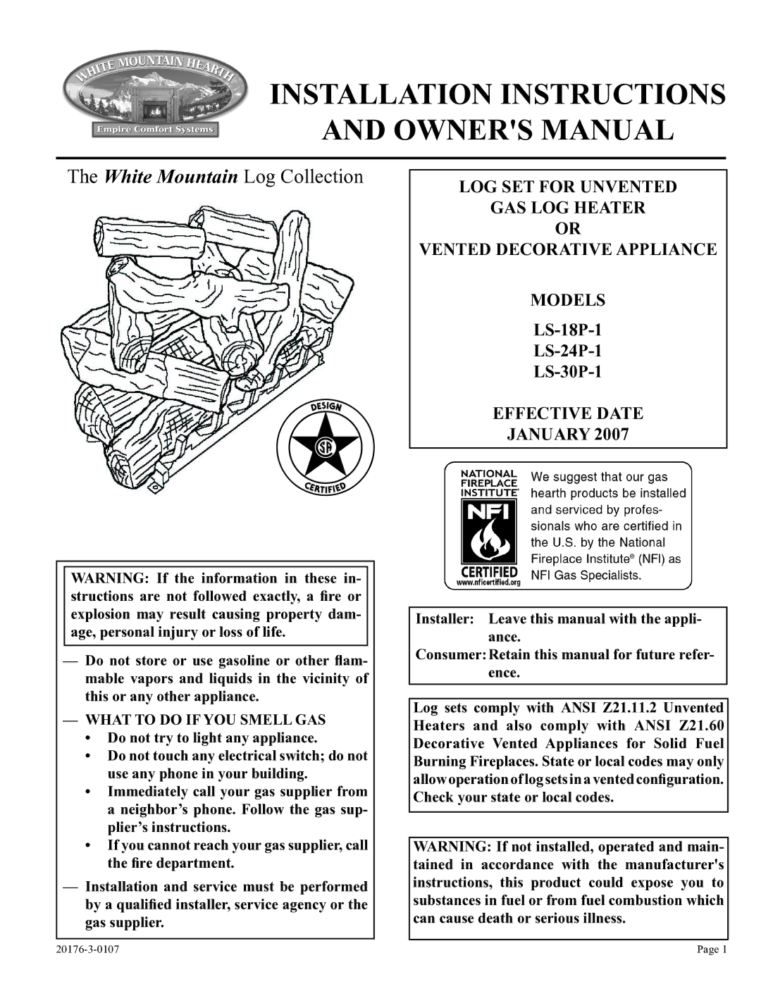 Empire Comfort Systems LS-18P-1, LS-30P-1, LS-24P-1 installation instructions Installation Instructions 