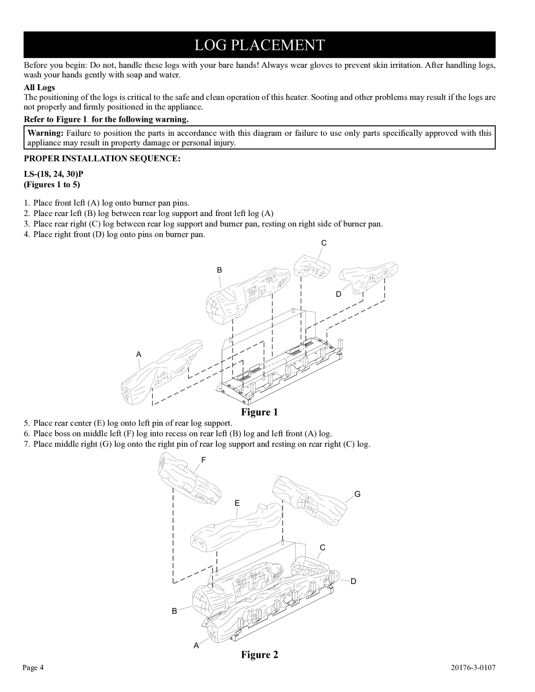 Empire Comfort Systems LS-18P-1 LOG Placement, All Logs, Refer to for the following warning, LS-18, 24, 30P Figures 1 to 