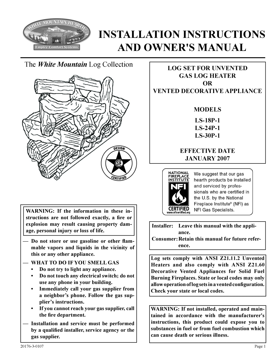 Empire Comfort Systems LS-18P-1, LS-30P-1, LS-24P-1 installation instructions The White Mountain Log Collection 