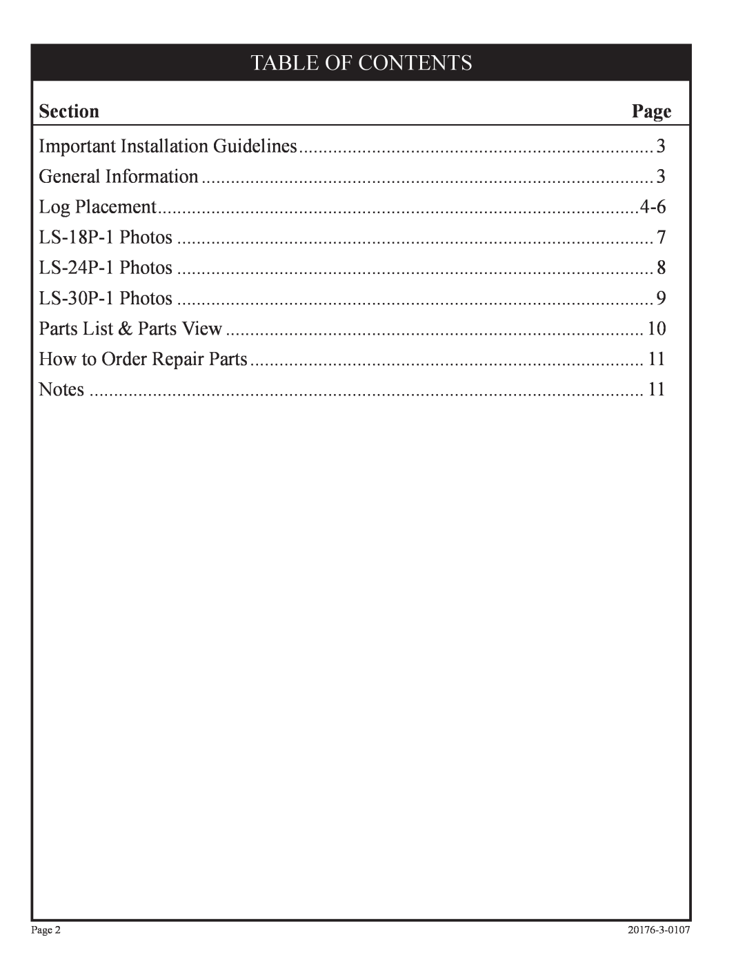 Empire Comfort Systems LS-24P-1, LS-30P-1, LS-18P-1 installation instructions Table Of Contents, Section 
