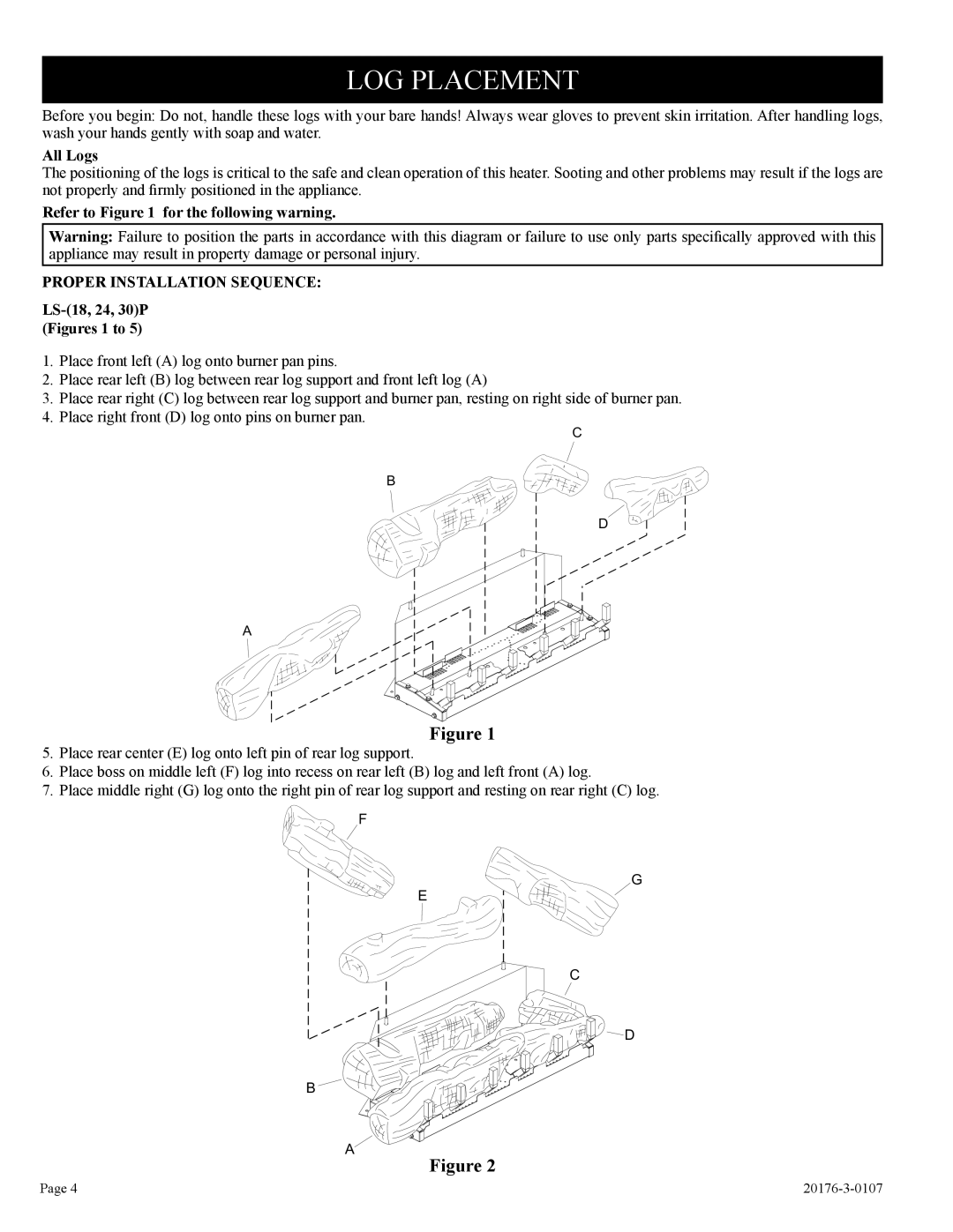 Empire Comfort Systems LS-18P-1, LS-30P-1, LS-24P-1 installation instructions Log Placement 