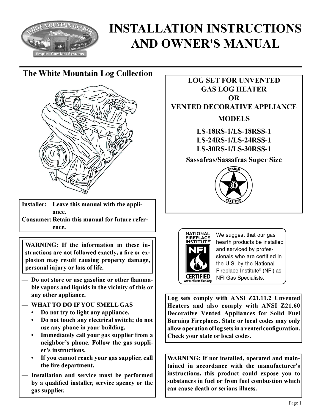 Empire Comfort Systems LS-18RS-1, LS-30RS-1, LS-24RS-1, LS-30RSS-1 installation instructions Installation Instructions 