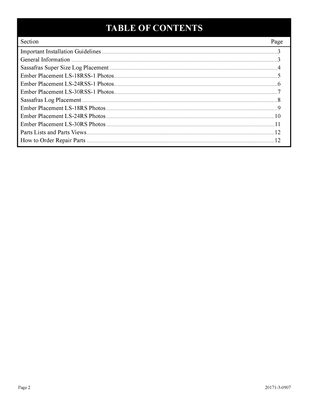 Empire Comfort Systems LS-24RS-1, LS-30RS-1, LS-18RS-1, LS-30RSS-1, LS-24RSS-1, LS-18RSS-1 Table of Contents 