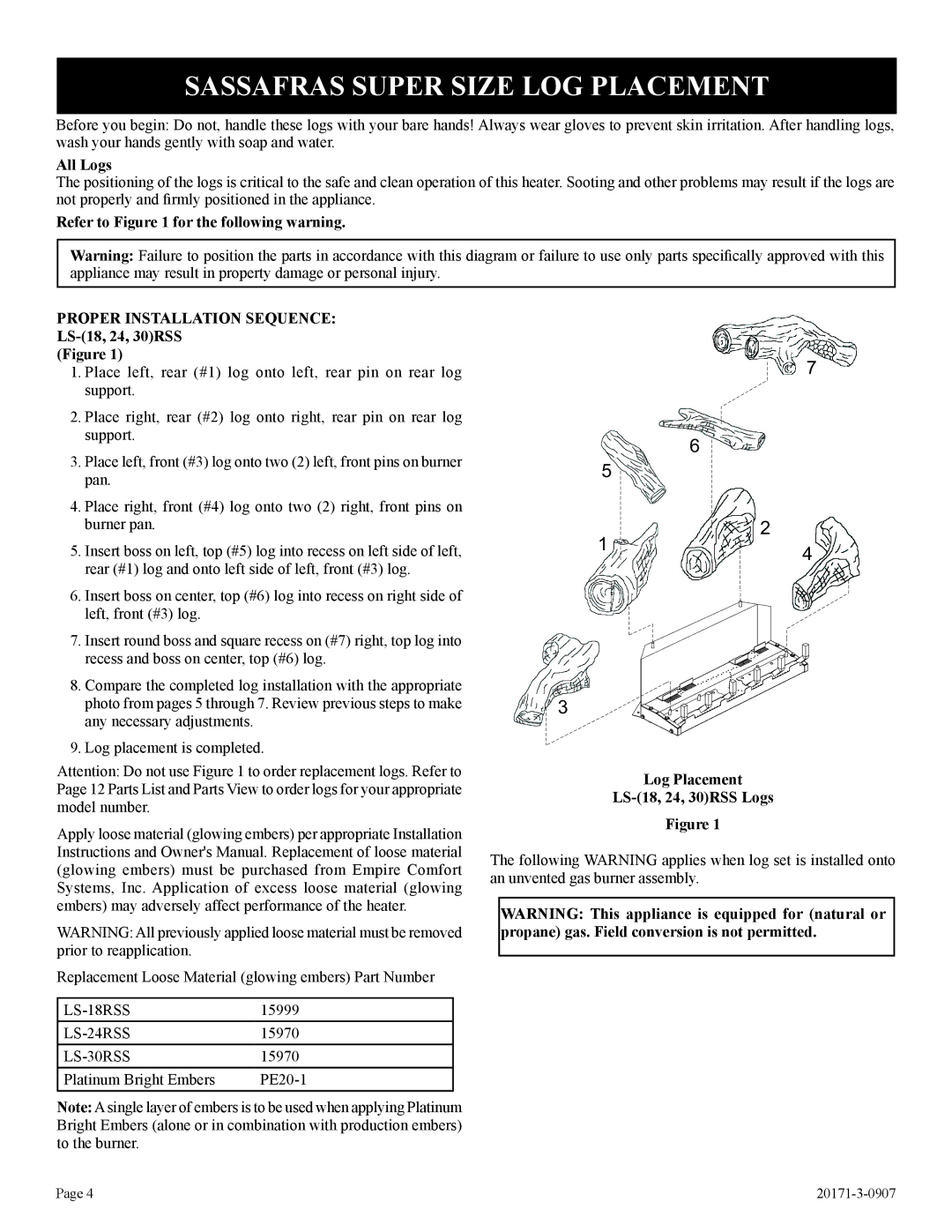 Empire Comfort Systems LS-24RSS-1 Sassafras Super Size LOG Placement, All Logs, Refer to for the following warning 