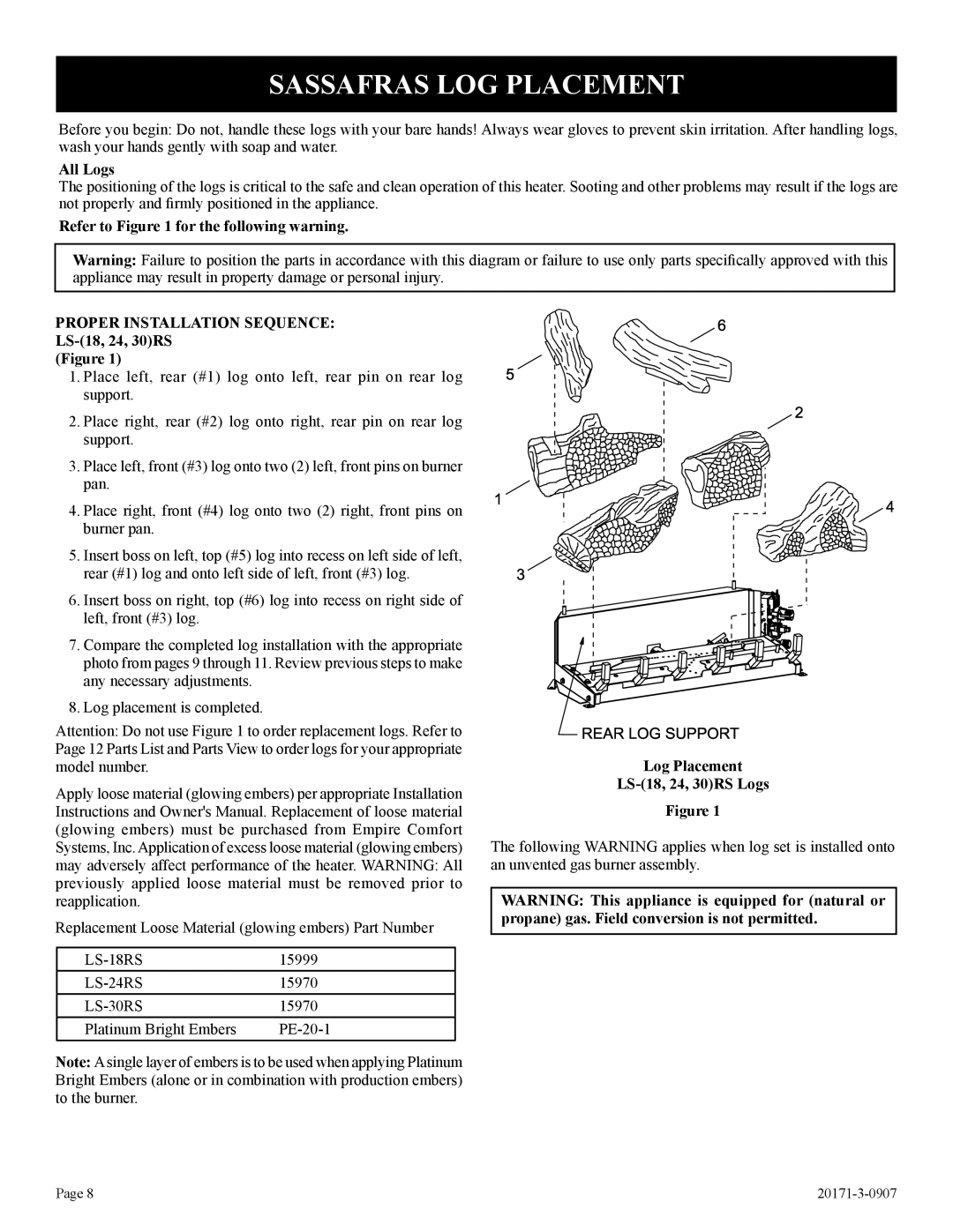 Empire Comfort Systems LS-24RS-1, LS-30RS-1, LS-18RS-1 Sassafras LOG Placement, Log Placement LS-18, 24, 30RS Logs 