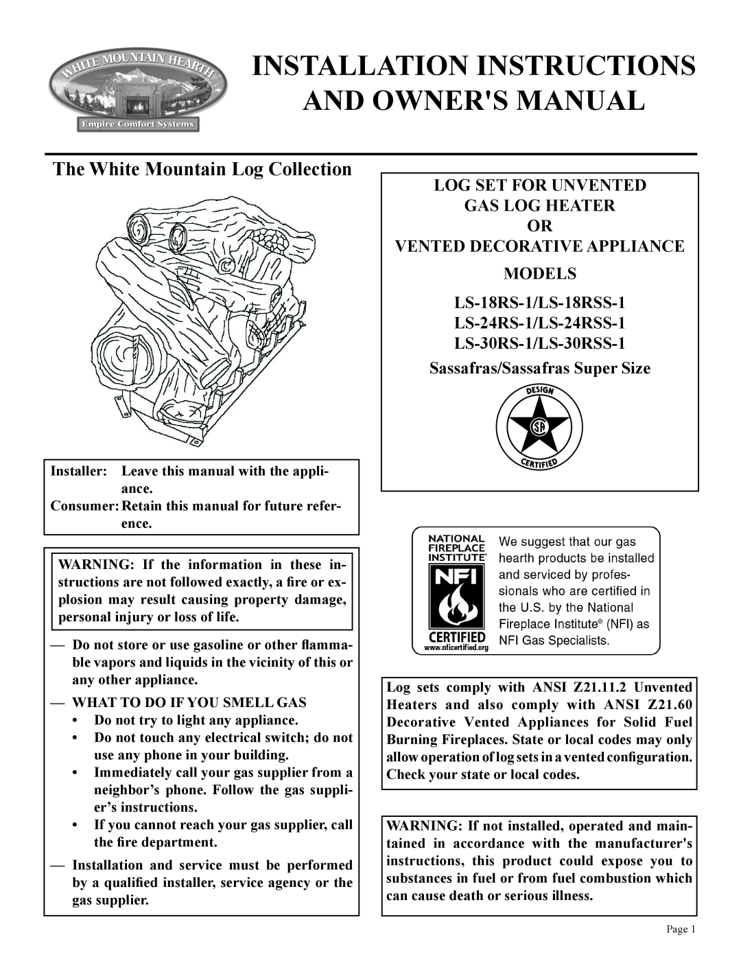 Empire Comfort Systems LS-18RS-1 installation instructions The White Mountain Log Collection, LS-30RS-1/LS-30RSS-1 
