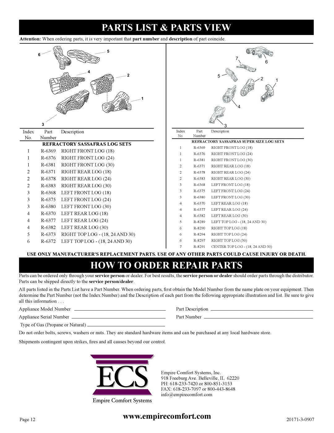 Empire Comfort Systems LS-30RS-1 Parts List & Parts View, How To Order Repair Parts, Refractory Sassafras Log Sets 
