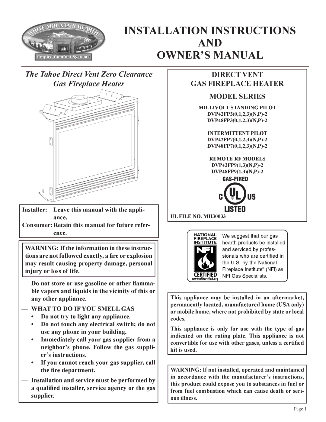 Empire Comfort Systems DVP42FP installation instructions Millivolt Standing Pilot, Intermittent Pilot, Remote RF Models 