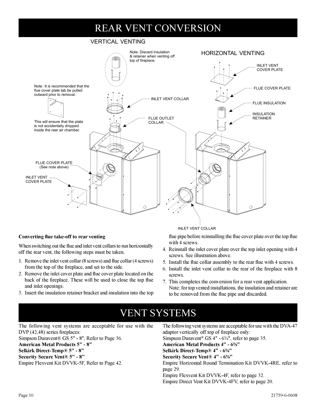 Empire Comfort Systems P)-2, DVP42FP installation instructions Rear Vent Conversion, Converting ﬂue take-off to rear venting 