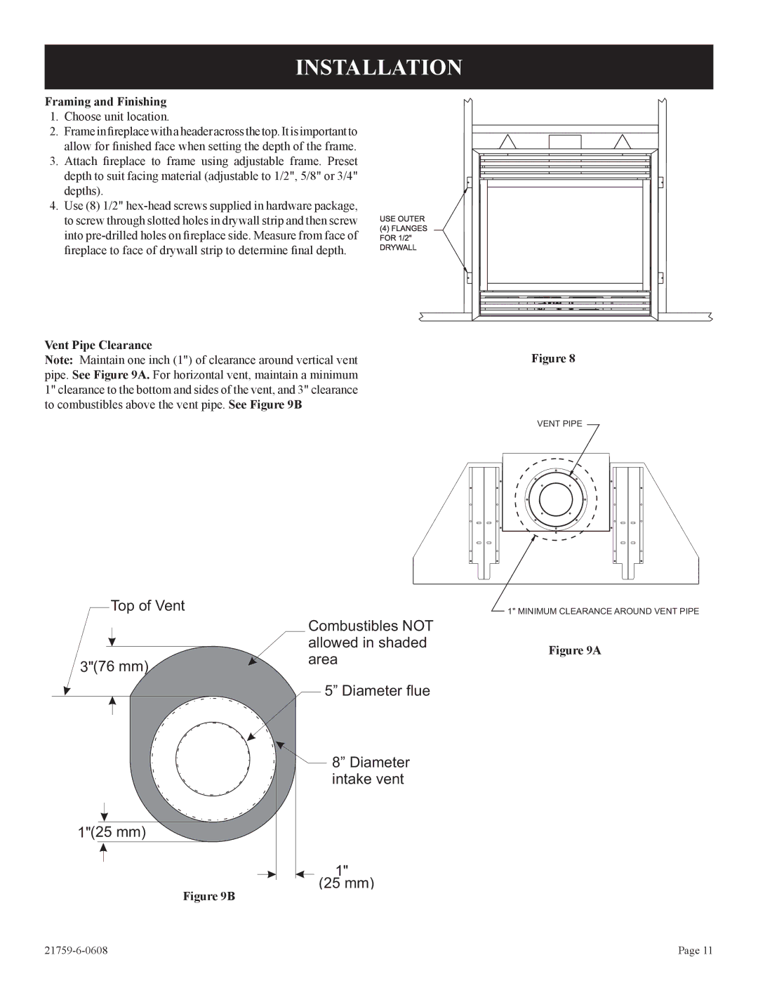 Empire Comfort Systems DVP42FP, P)-2 installation instructions Installation, Framing and Finishing, Vent Pipe Clearance 