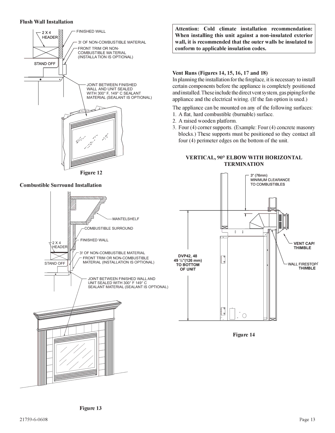 Empire Comfort Systems DVP42FP, P)-2 installation instructions Flush Wall Installation, Vent Runs Figures 14, 15, 16, 17 