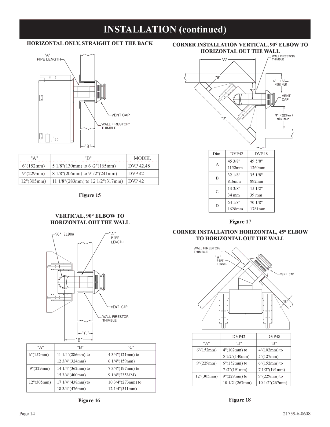 Empire Comfort Systems P)-2, DVP42FP installation instructions VERTICAL, 90 Elbow to Horizontal OUT the Wall, Model 