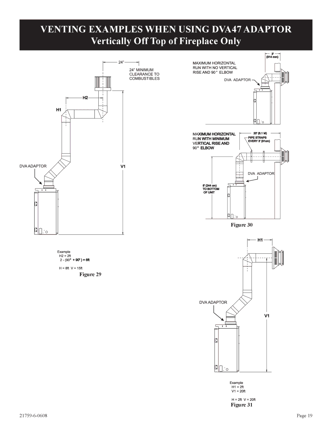 Empire Comfort Systems DVP42FP, P)-2 Venting Examples When Using DVA47 Adaptor, Vertically Off Top of Fireplace Only 