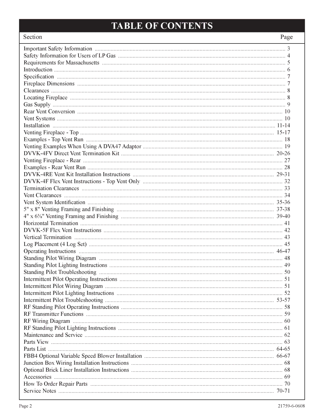 Empire Comfort Systems P)-2, DVP42FP installation instructions Table of Contents 