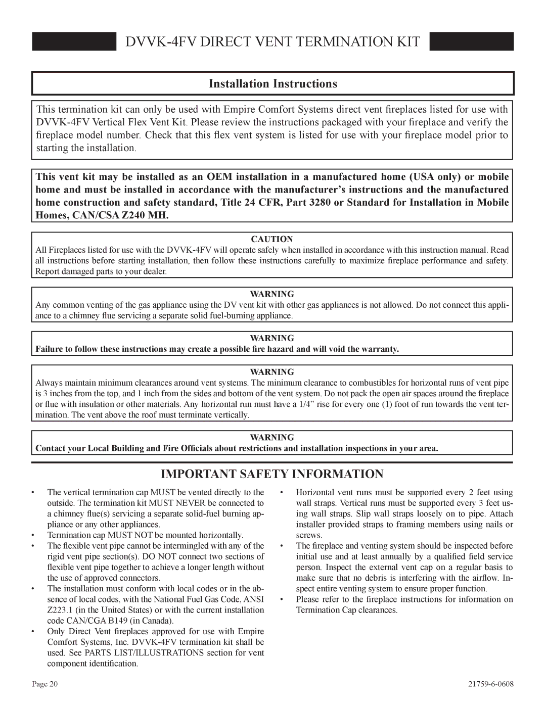 Empire Comfort Systems P)-2, DVP42FP DVVK-4FV Direct Vent Termination KIT, Installation Instructions 