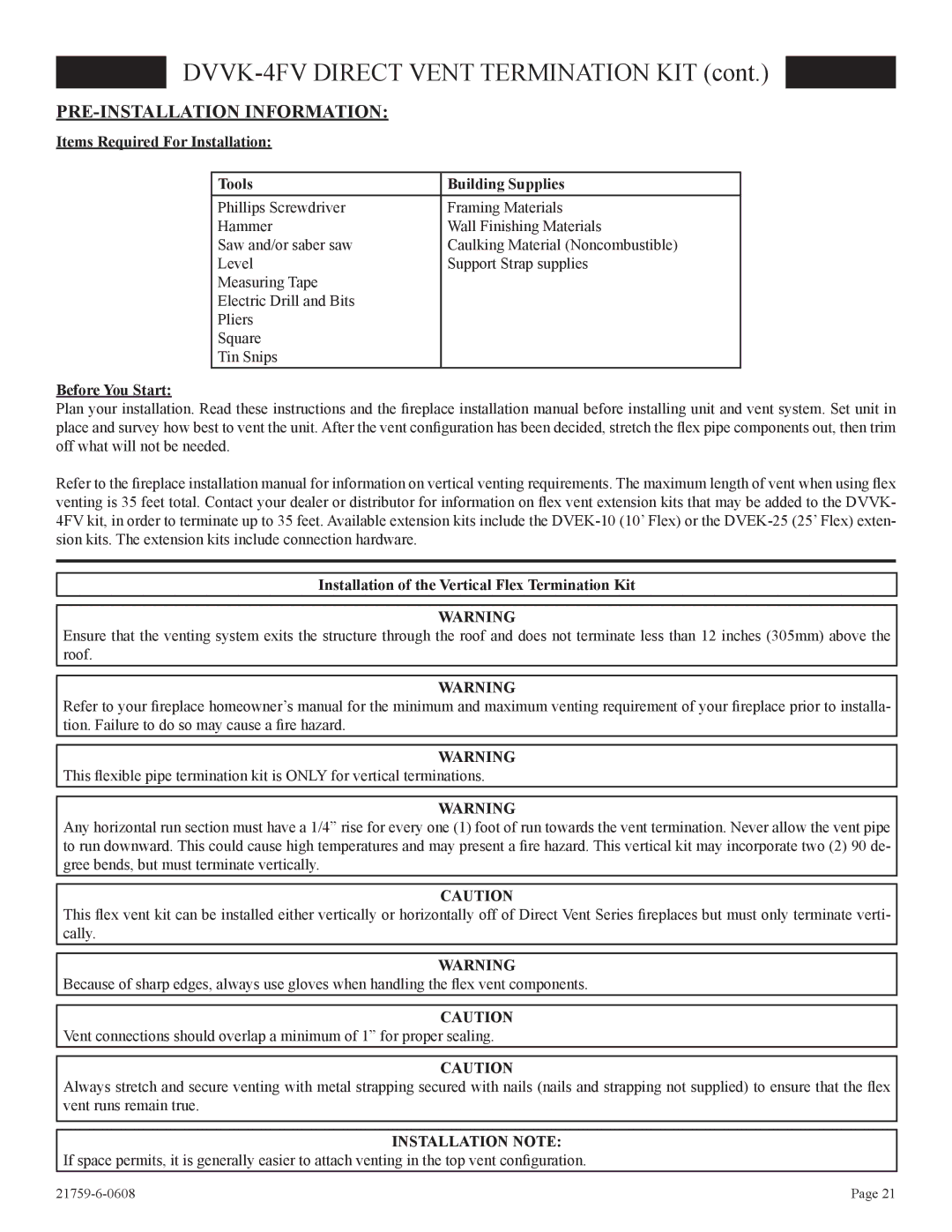 Empire Comfort Systems DVP42FP, P)-2 Items Required For Installation Tools Building Supplies, Before You Start 