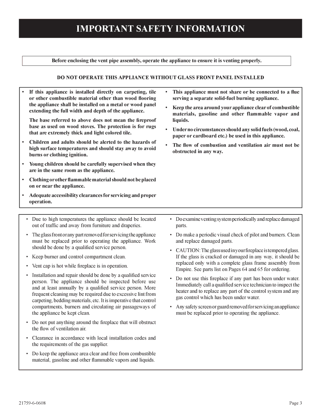 Empire Comfort Systems DVP42FP, P)-2 installation instructions Important Safety Information 