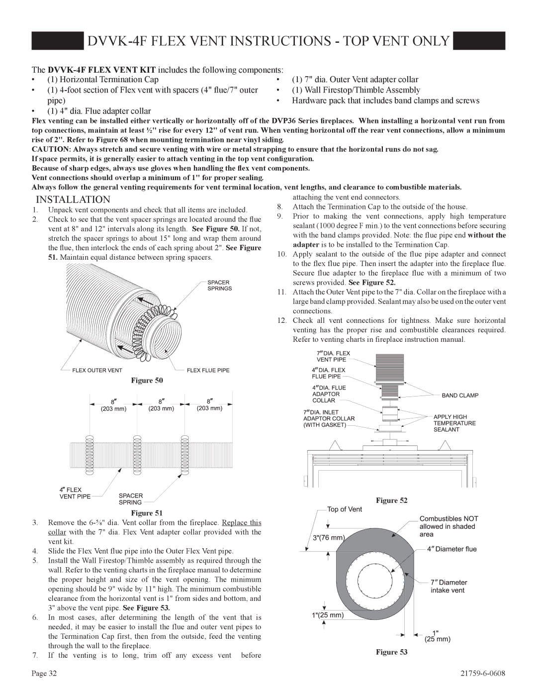 Empire Comfort Systems P)-2, DVP42FP installation instructions DVVK-4F Flex Vent Instructions TOP Vent only, Installation 