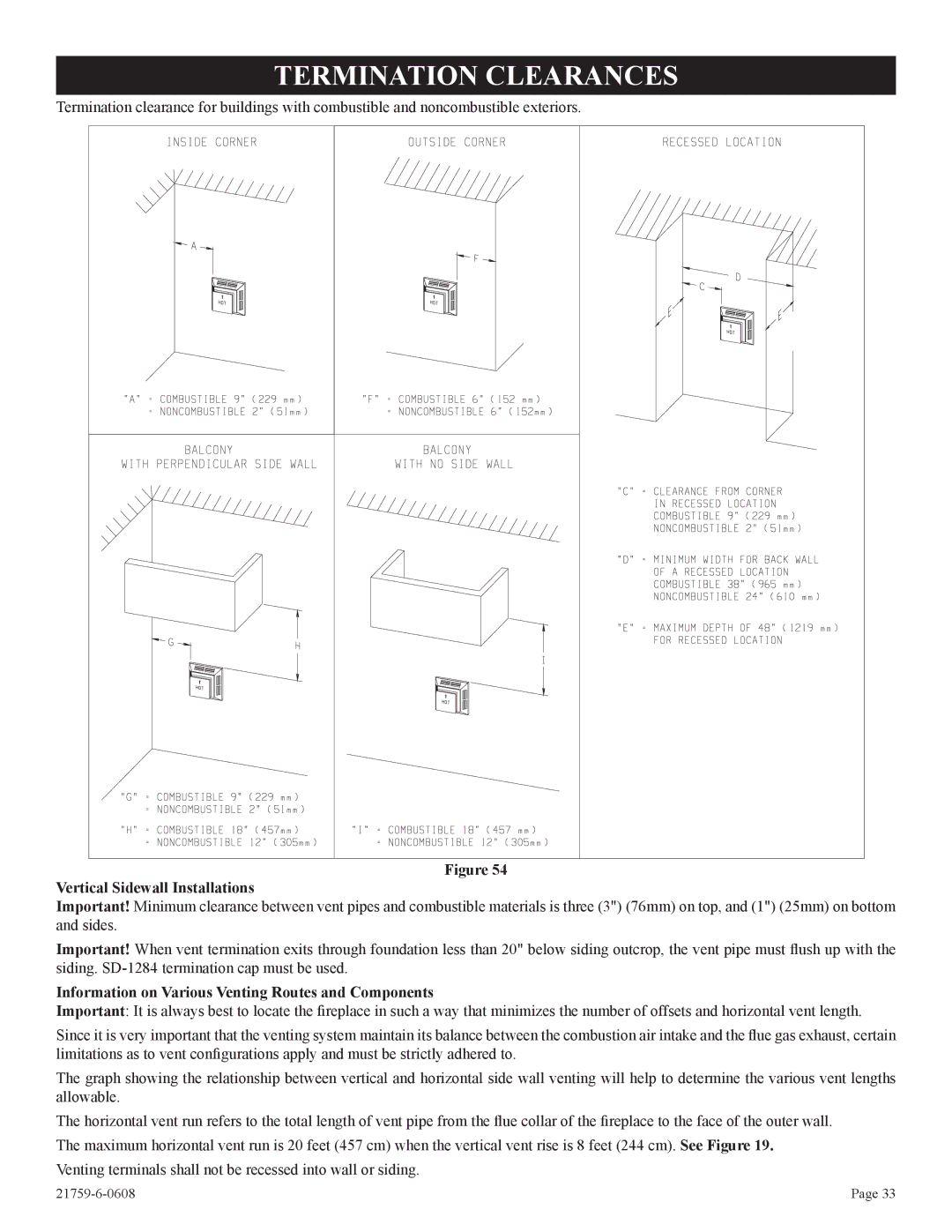 Empire Comfort Systems DVP42FP, P)-2 installation instructions Termination Clearances, Vertical Sidewall Installations 