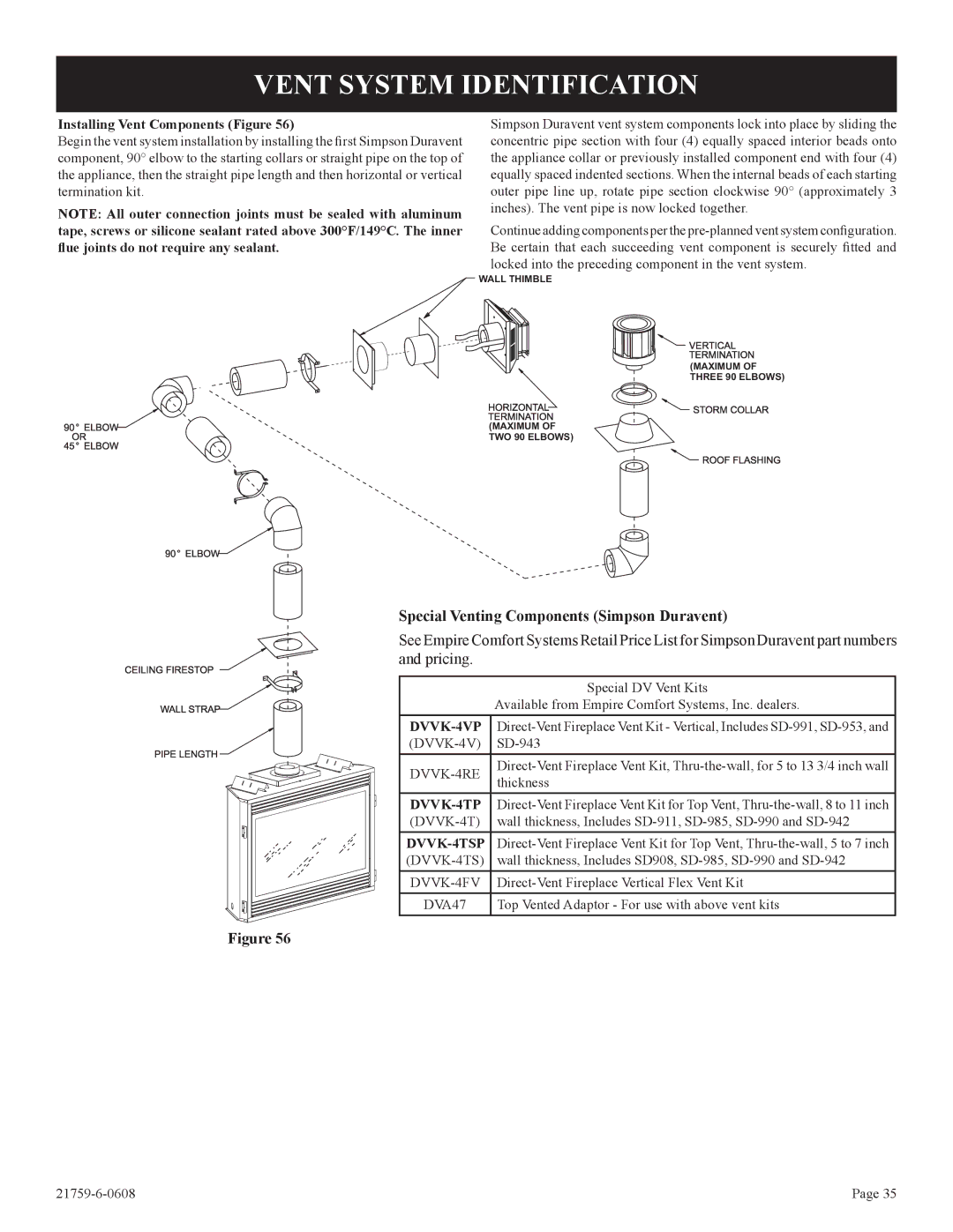 Empire Comfort Systems DVP42FP, P)-2 Vent System Identification, Special Venting Components Simpson Duravent 