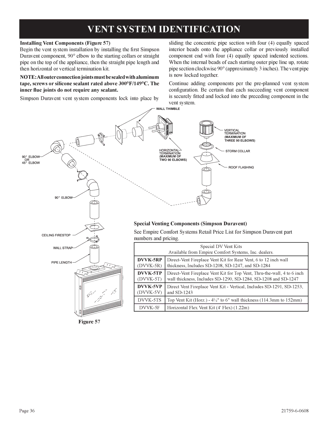 Empire Comfort Systems P)-2, DVP42FP installation instructions Installing Vent Components Figure, DVVK-5RP 