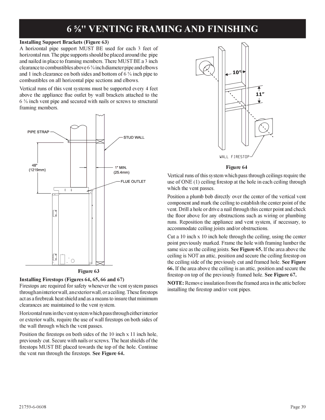 Empire Comfort Systems DVP42FP, P)-2 ⅝ Venting Framing and Finishing, Installing Firestops Figures 64, 65, 66 