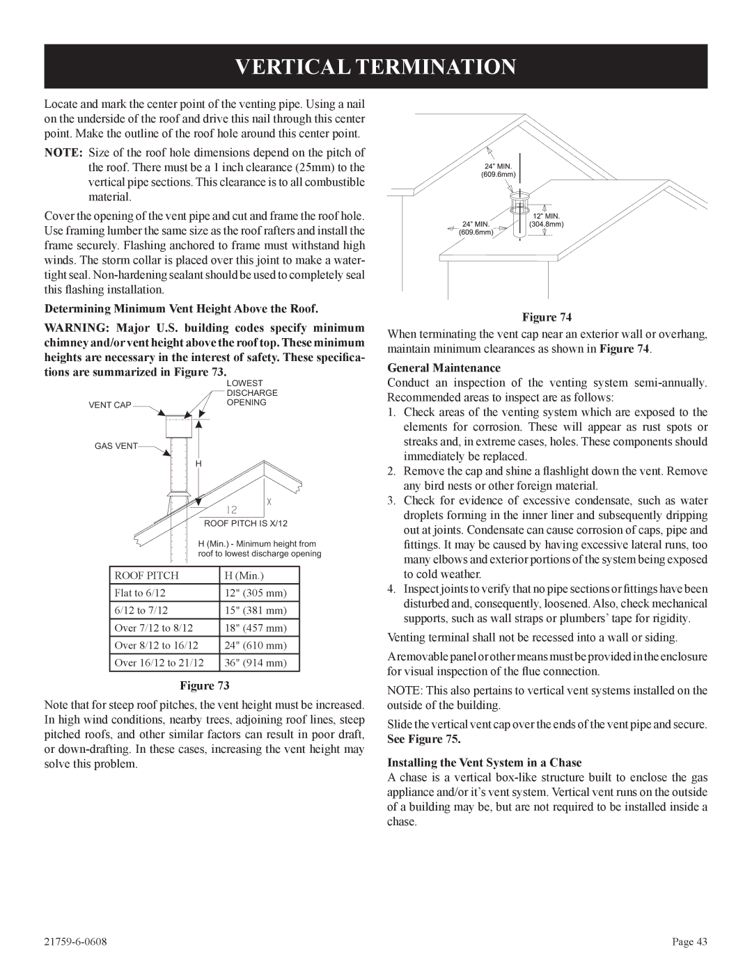 Empire Comfort Systems DVP42FP Vertical Termination, Determining Minimum Vent Height Above the Roof, General Maintenance 