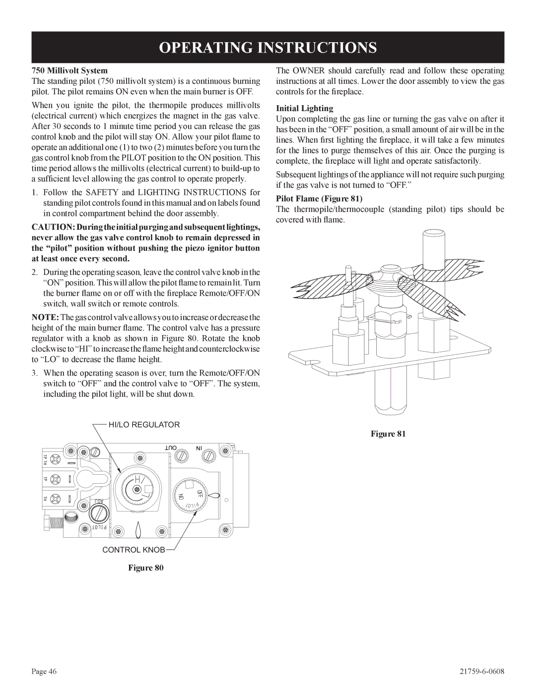 Empire Comfort Systems P)-2, DVP42FP Operating Instructions, Millivolt System, Initial Lighting, Pilot Flame Figure 