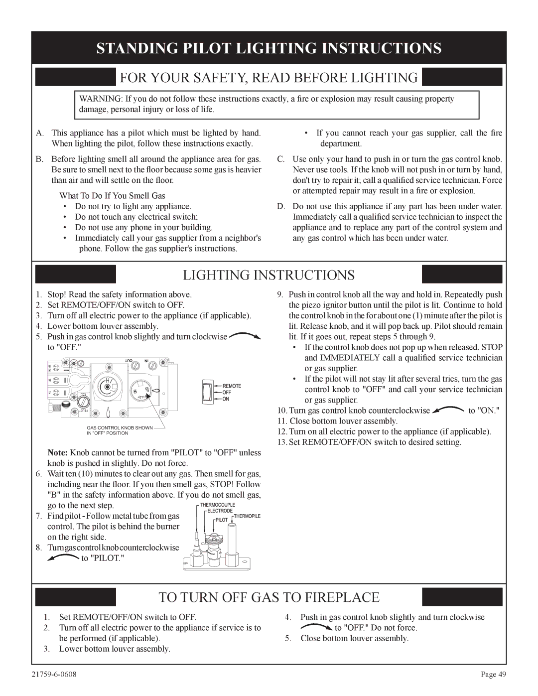 Empire Comfort Systems DVP42FP, P)-2 Standing Pilot Lighting Instructions, For Your SAFETY, Read Before Lighting 