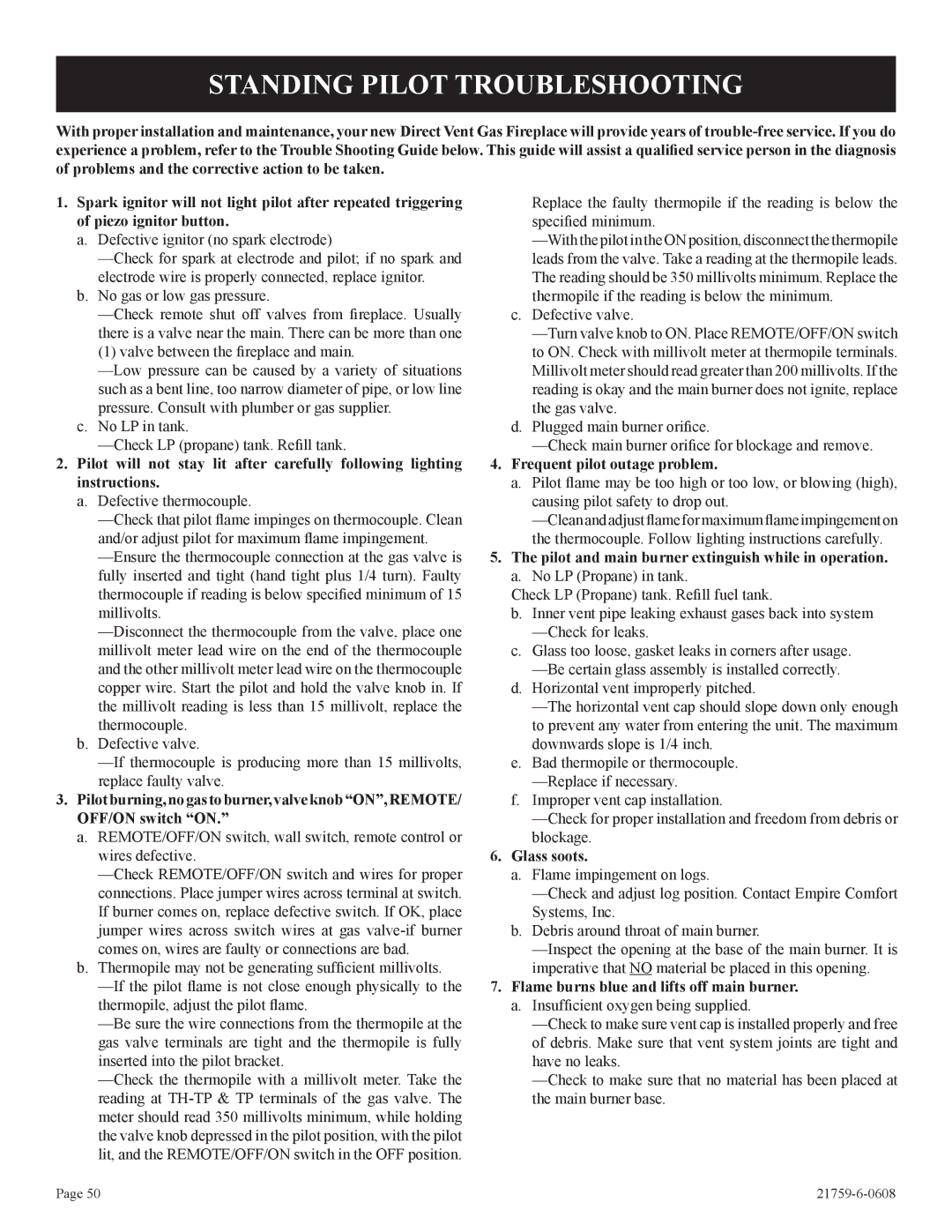 Empire Comfort Systems P)-2, DVP42FP Standing Pilot Troubleshooting, Frequent pilot outage problem, Glass soots 