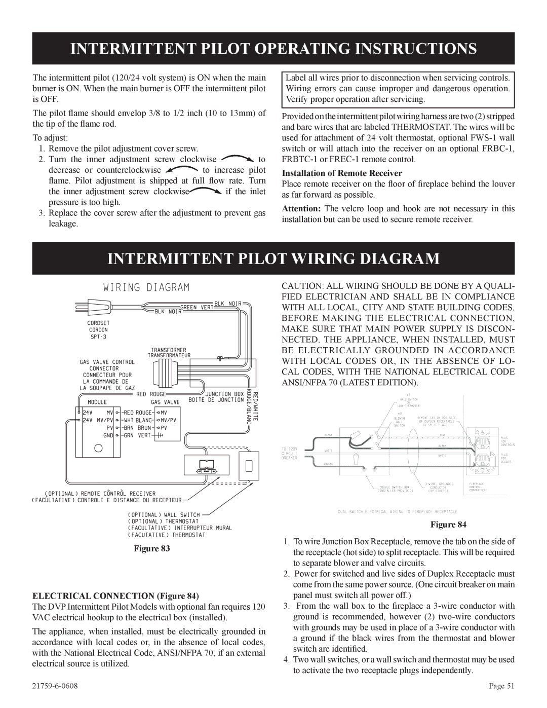 Empire Comfort Systems DVP42FP, P)-2 Intermittent Pilot Operating Instructions, Intermittent Pilot Wiring Diagram 