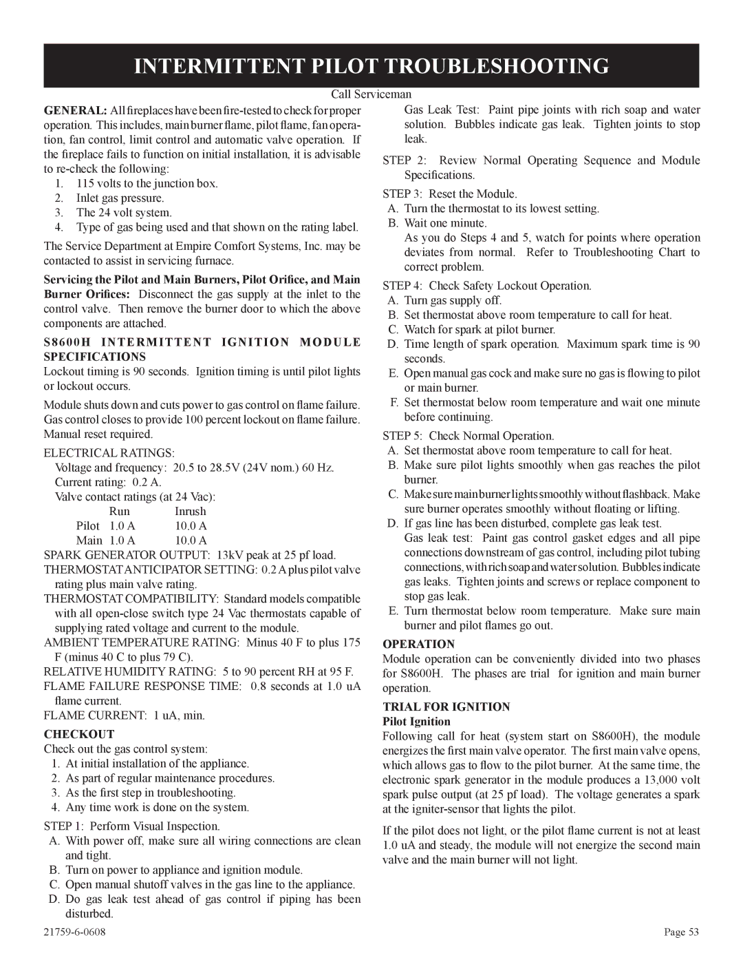 Empire Comfort Systems DVP42FP Intermittent Pilot Troubleshooting, S8600H Intermittent Ignition Module Specifications 