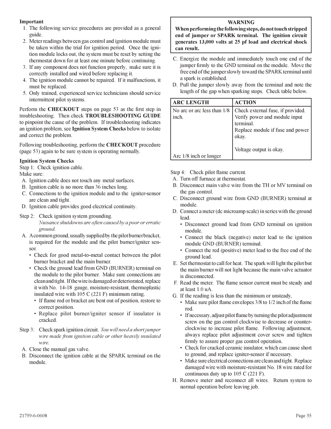 Empire Comfort Systems DVP42FP, P)-2 Ignition System Checks Check ignition cable. Make sure, ARC Length Action 