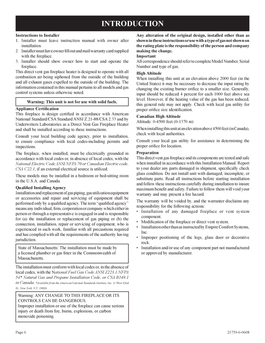 Empire Comfort Systems P)-2, DVP42FP installation instructions Introduction 