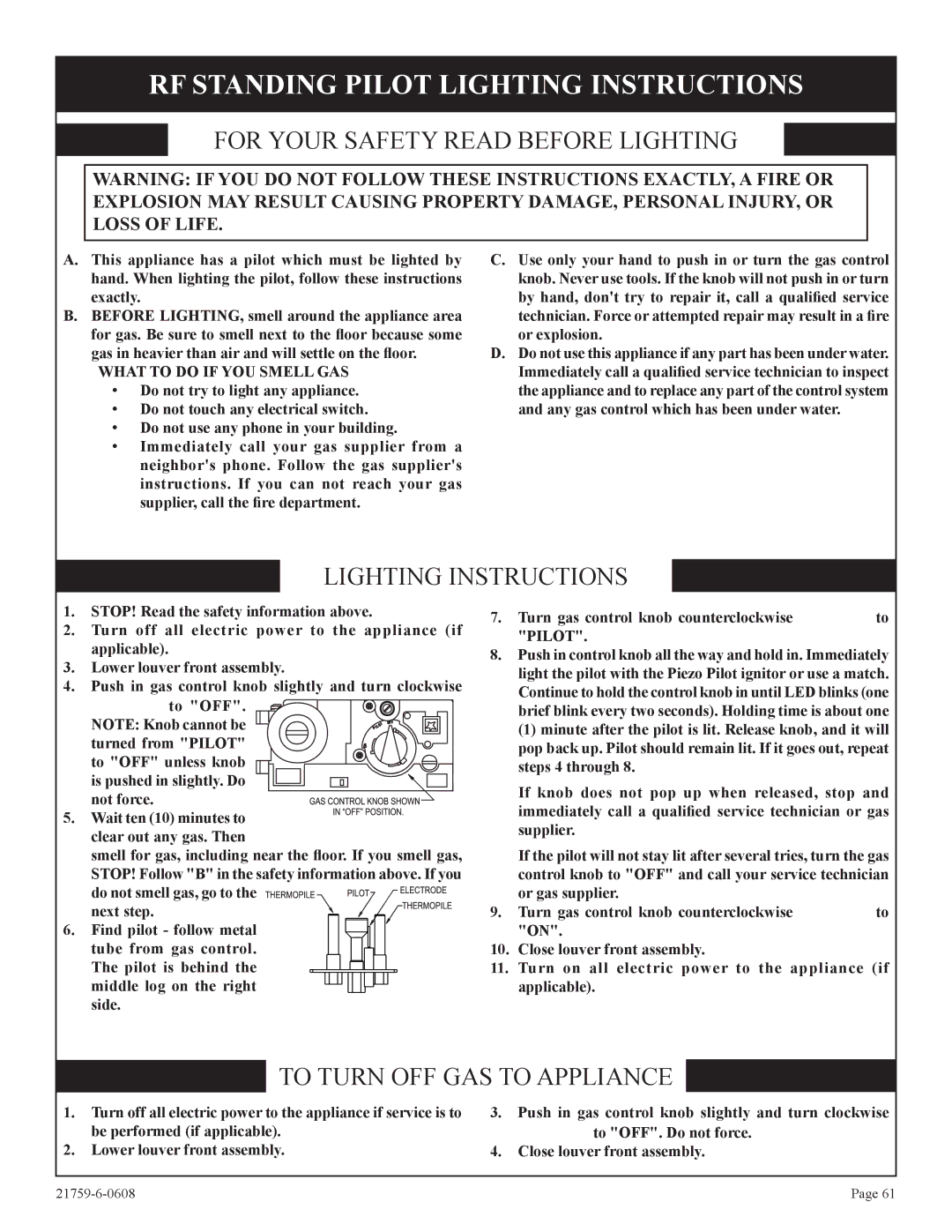 Empire Comfort Systems DVP42FP, P)-2 RF Standing Pilot Lighting Instructions, For Your Safety Read Before Lighting 