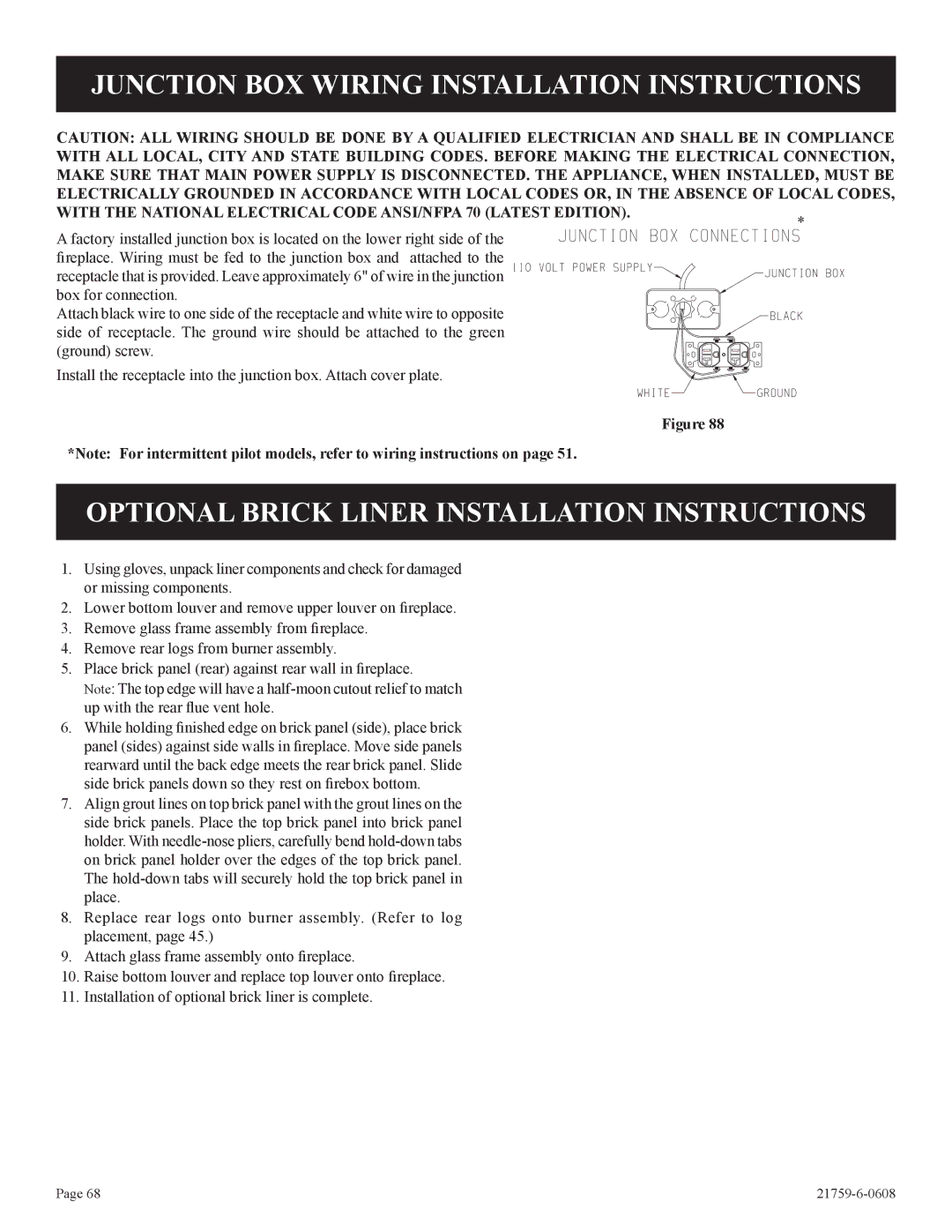 Empire Comfort Systems P)-2 Junction BOX Wiring Installation Instructions, Optional Brick Liner Installation Instructions 