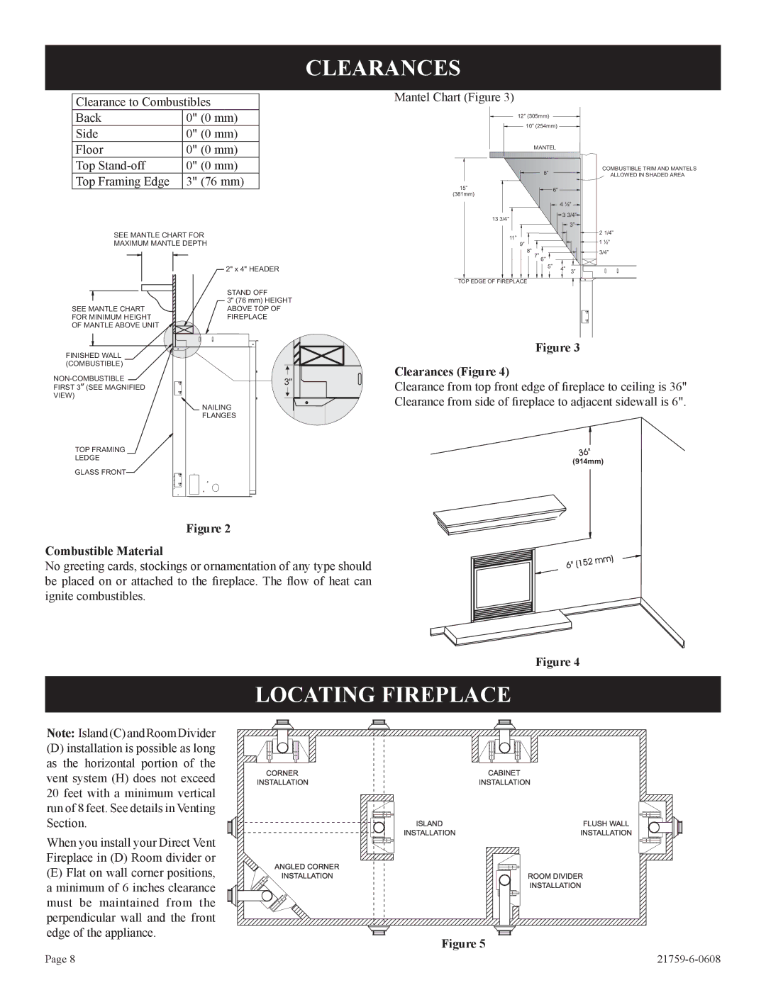 Empire Comfort Systems P)-2, DVP42FP Locating Fireplace, Clearances Figure, Combustible Material 