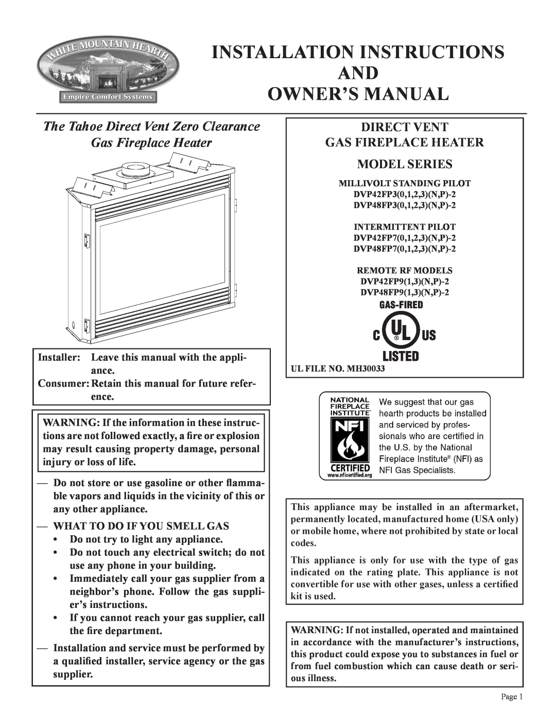 Empire Comfort Systems DVP42FP, P)-2 installation instructions Direct Vent Gas Fireplace Heater Model Series 
