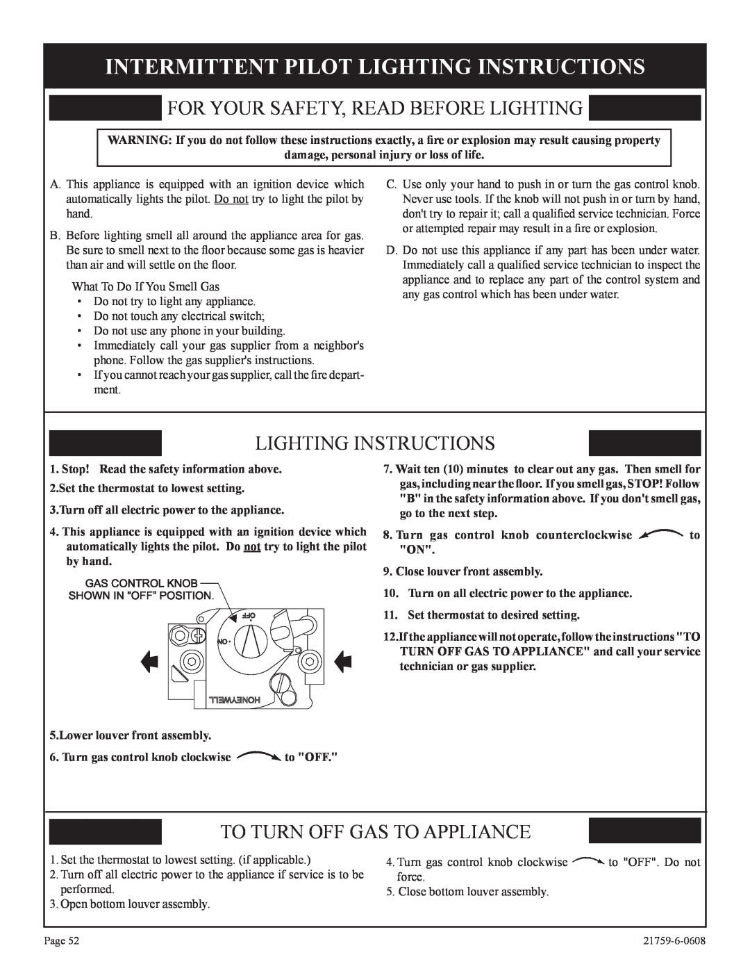 Empire Comfort Systems P)-2, DVP42FP Intermittent Pilot Lighting Instructions, To Turn Off Gas To Appliance 