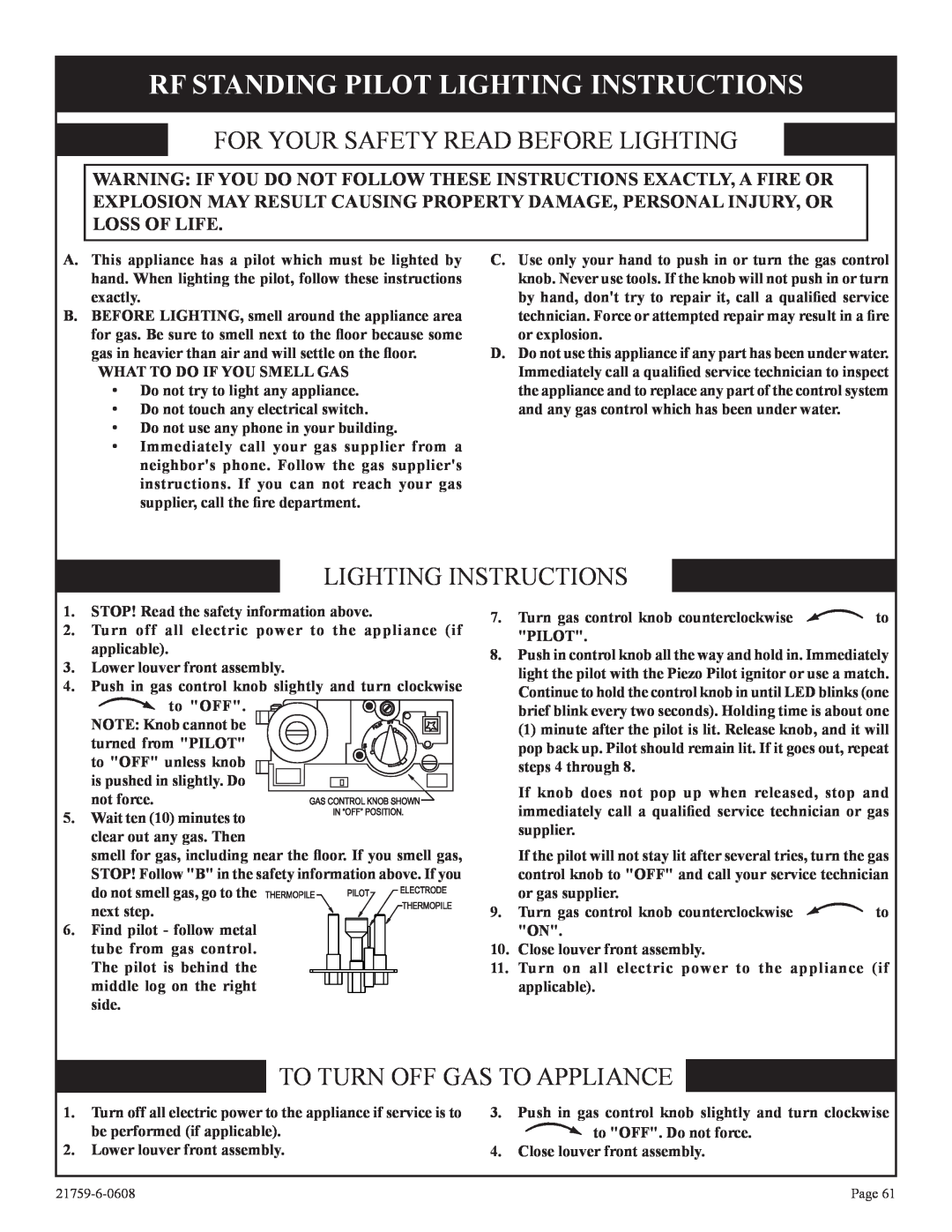 Empire Comfort Systems DVP42FP Rf Standing Pilot Lighting Instructions, For Your Safety Read Before Lighting, next step 