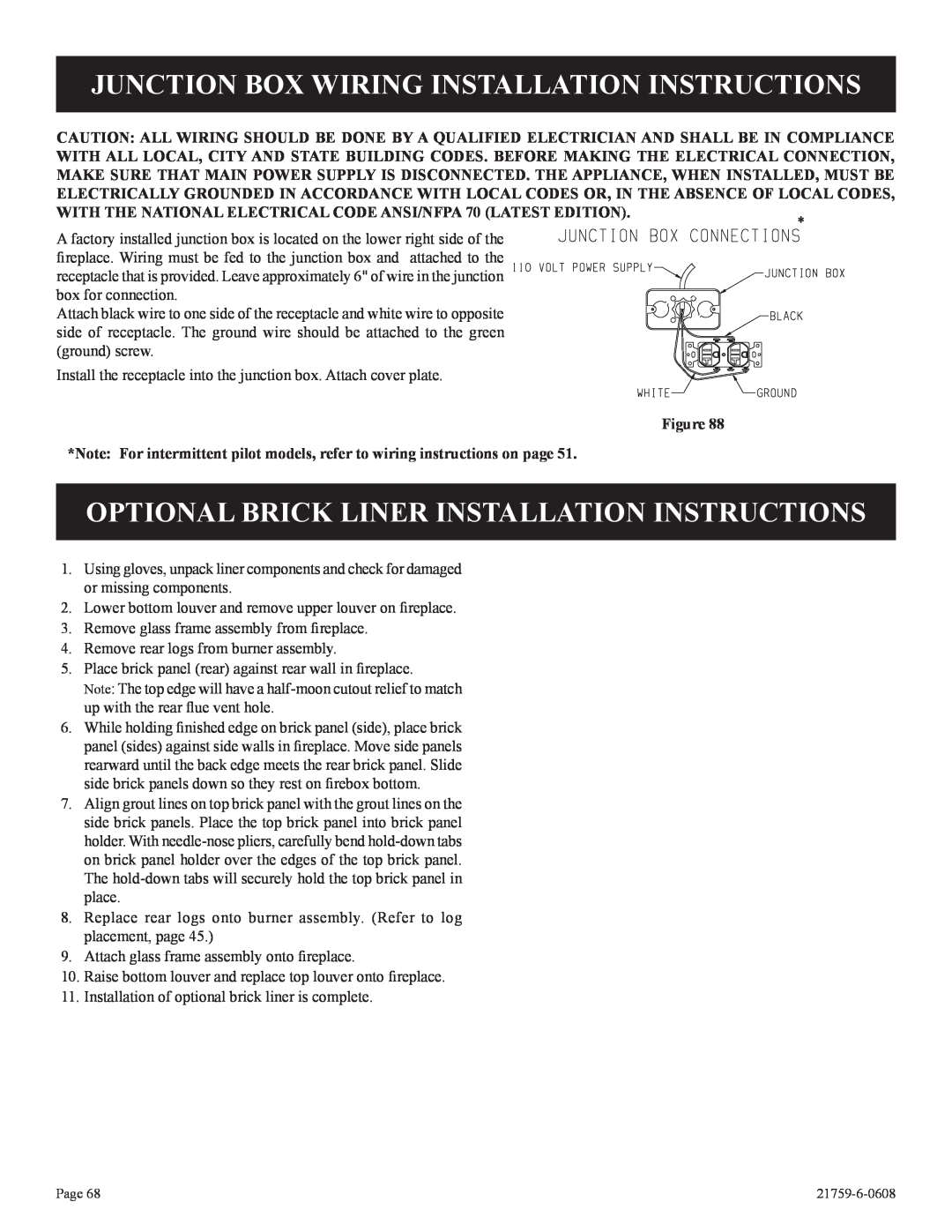 Empire Comfort Systems P)-2 Junction Box Wiring Installation Instructions, Optional Brick Liner Installation Instructions 