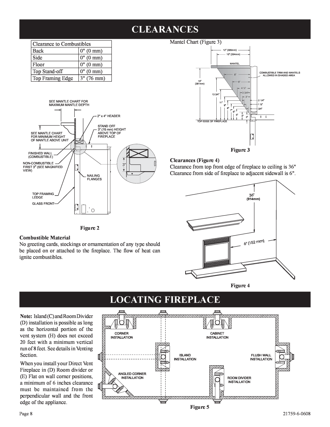 Empire Comfort Systems P)-2, DVP42FP Locating Fireplace, Figure Clearances Figure, Figure Combustible Material 