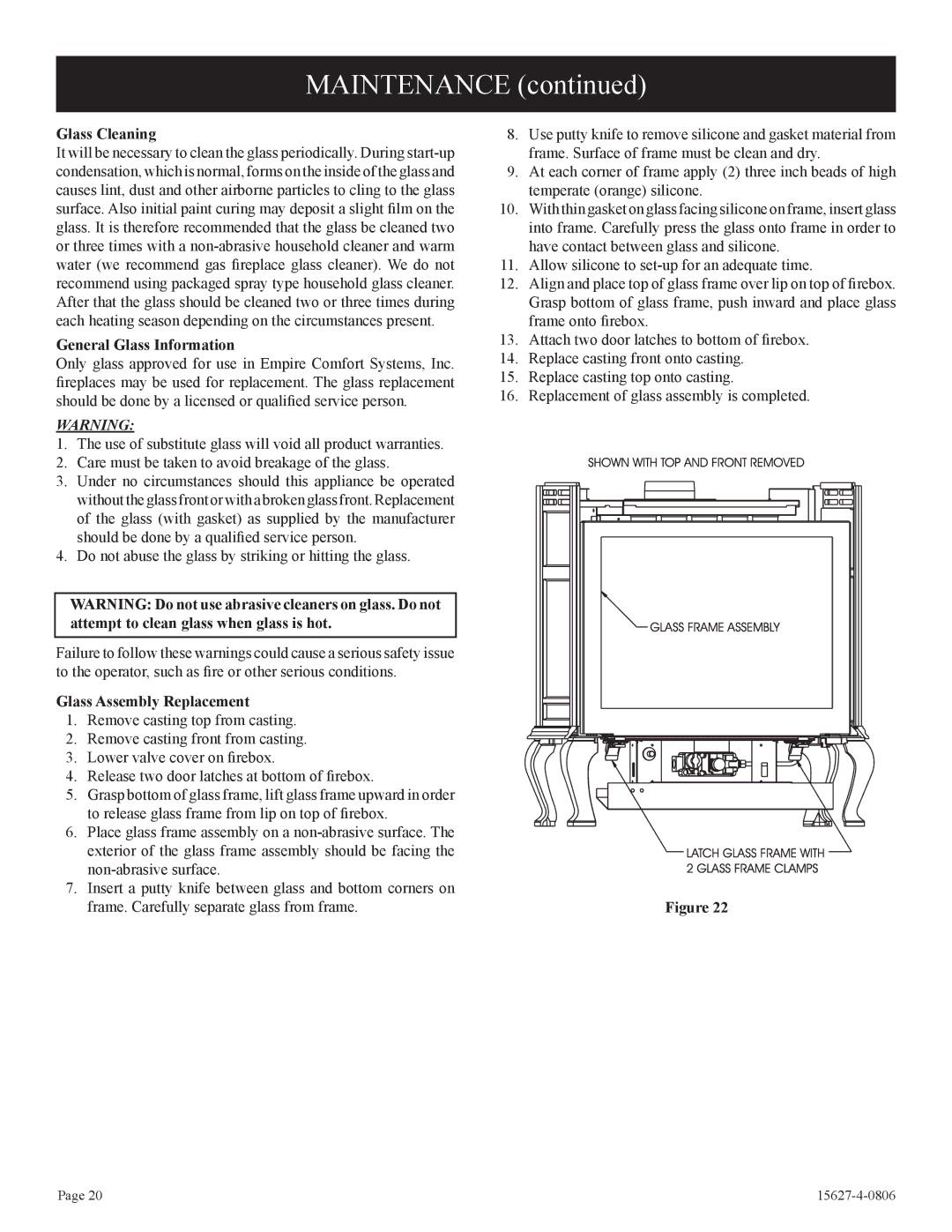 Empire Comfort Systems pmn manual Glass Cleaning, General Glass Information, Glass Assembly Replacement 