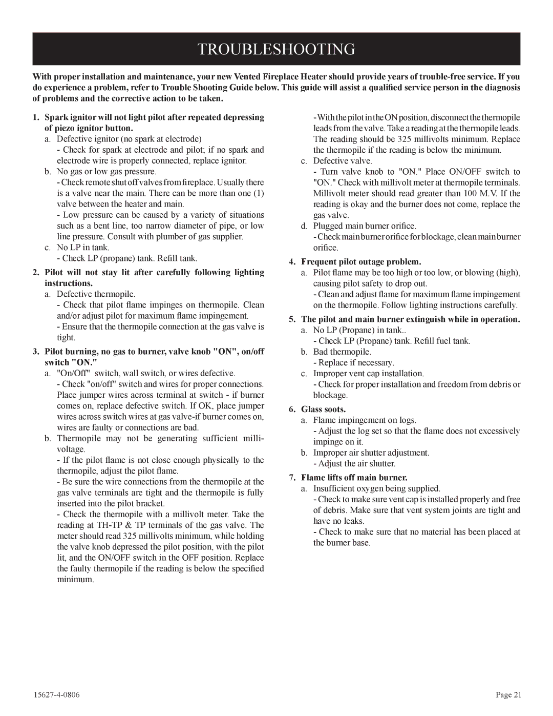 Empire Comfort Systems pmn manual Troubleshooting, Frequent pilot outage problem, Glass soots, Flame lifts off main burner 